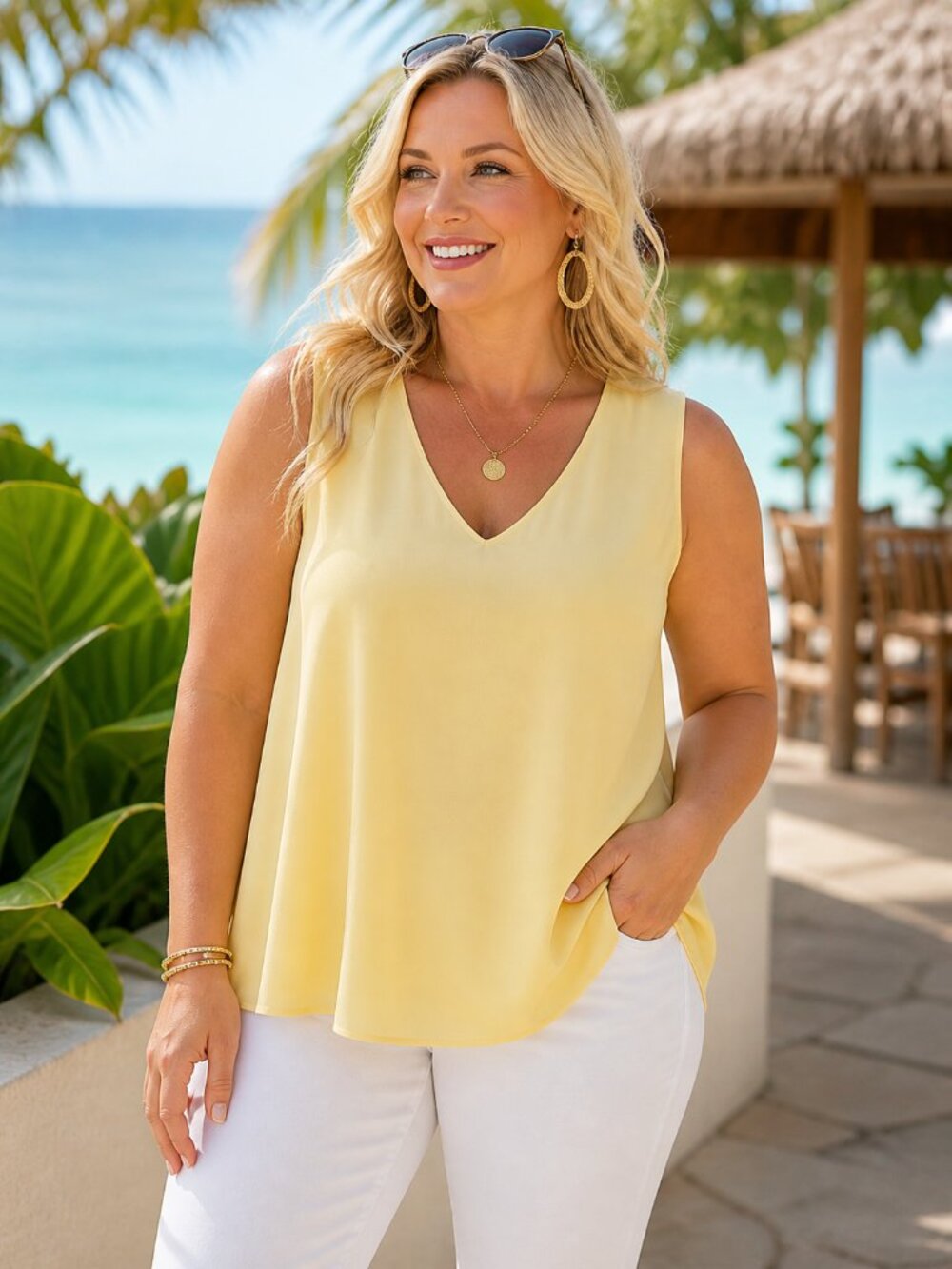Cato Yellow Sleeveless Blouse 18/20W Flowy V-Neck Lightweight Top